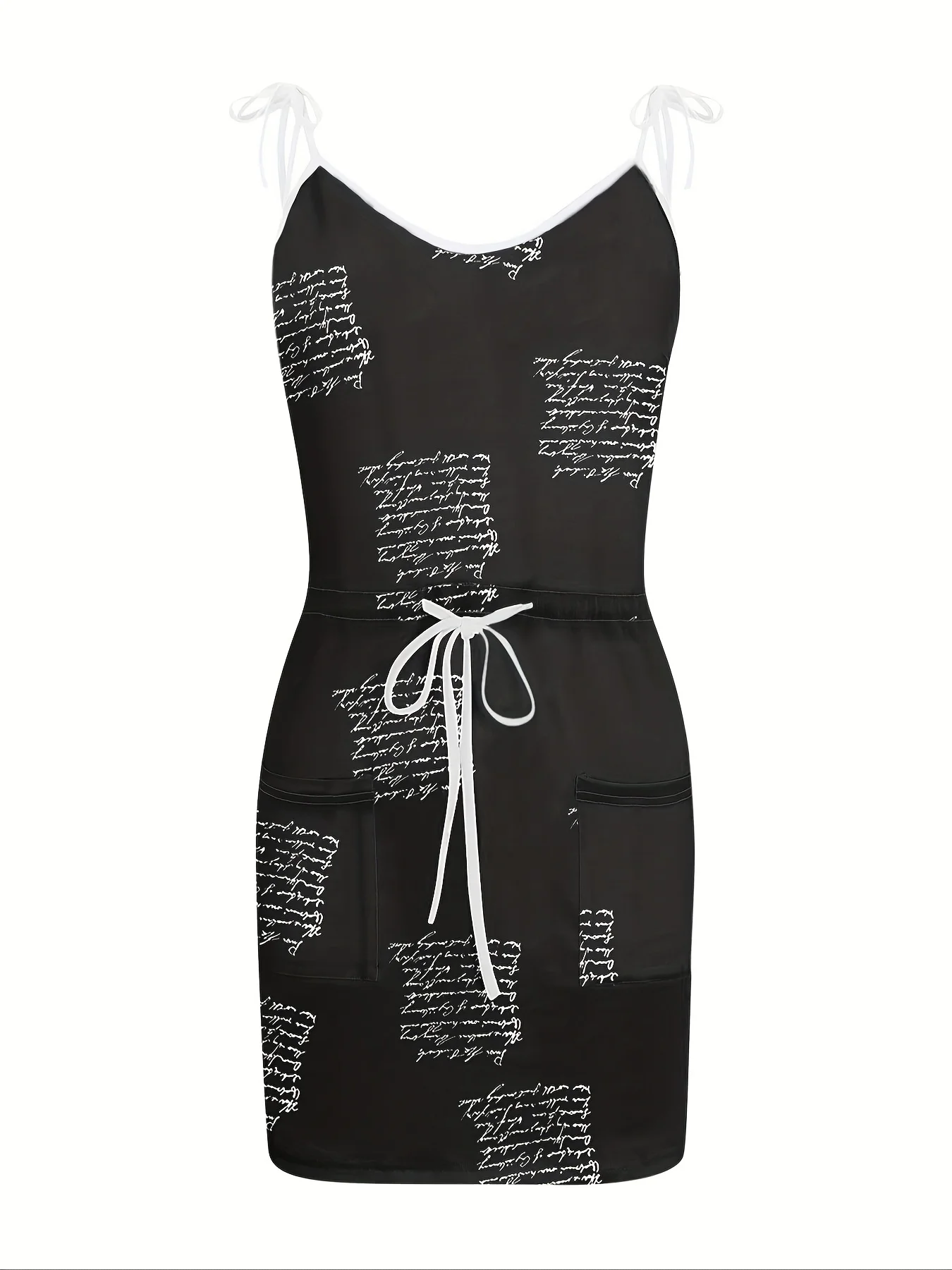Women Summer Boho Beach V-Neck Sleeveless Spaghetti Strap Dress Mid Waist Drawstring Pocket Mini Dress