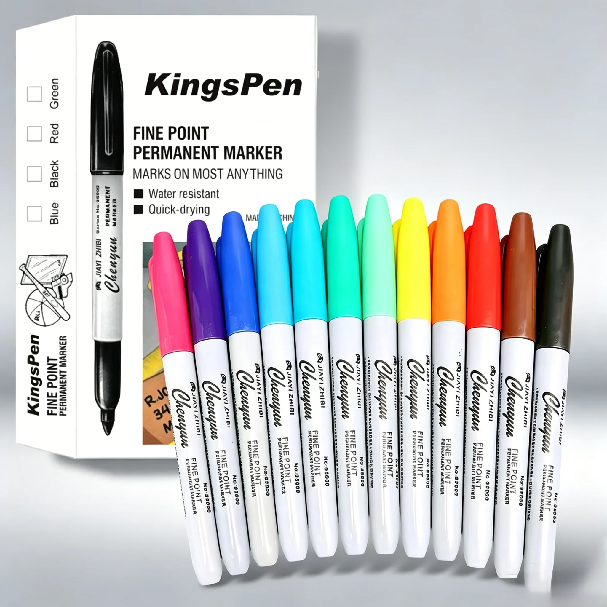 12-Color Fine-Point Permanent Marker Pens Quick-Dry Waterproof Ideal for Business Office School Art Drawing Paintings