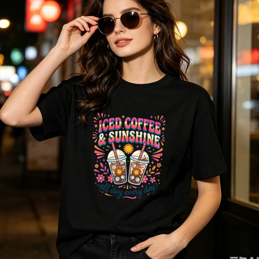 Summer Iced Coffee Unisex Tee Fashion Cotton Tshirt Iced Coffee & Sunshine Drink Graphic Tops Beach Vacation Casual Apparel