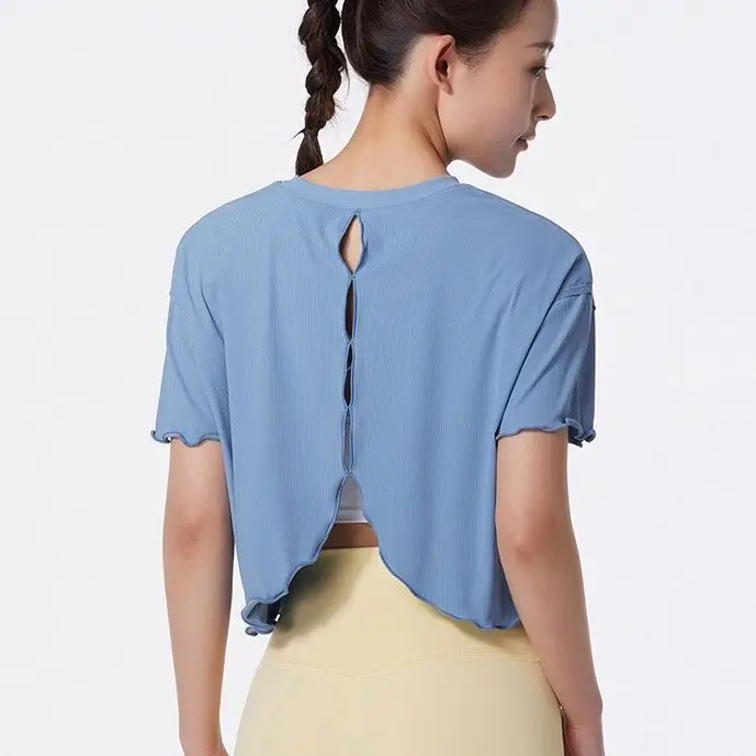 Sexy Hollow out round Neck Short Sleeve Yoga T-Shirt Women's Fashion Slim Fit Gym Top in  Color Polyester Fabric