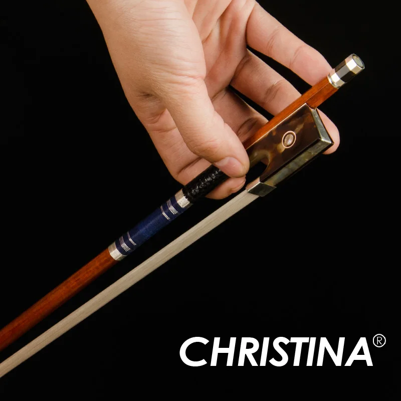 

CHRISTINA High Quality Pernambuco Violin Bow SG15, Inlaid Mother-of-pearl Tortoiseshell Frog Blue Silk Thread Silver Winding