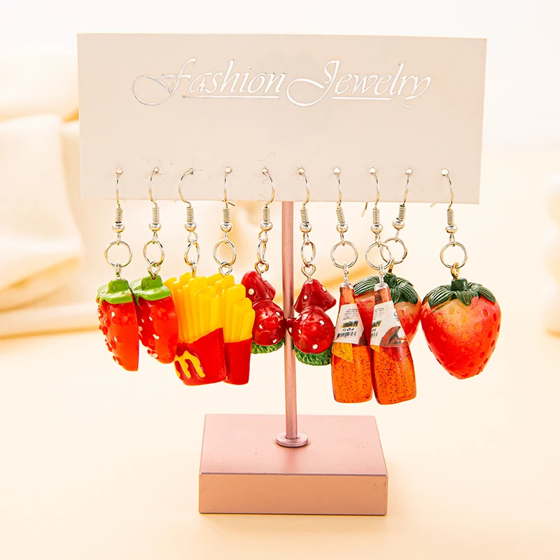 Fruit Dangle Drop Earring Set para mulheres, morango, cogumelo, menina, 5 pares