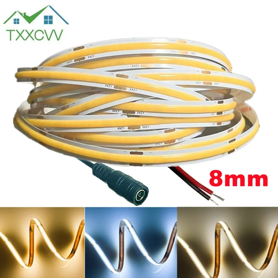 Bande lumineuse LED COB ultra fine avec prise CC, éclairage linéaire à intensité variable, décoration de lampe haute densité, fil à 2 broches, 12V, 24V, 8mm