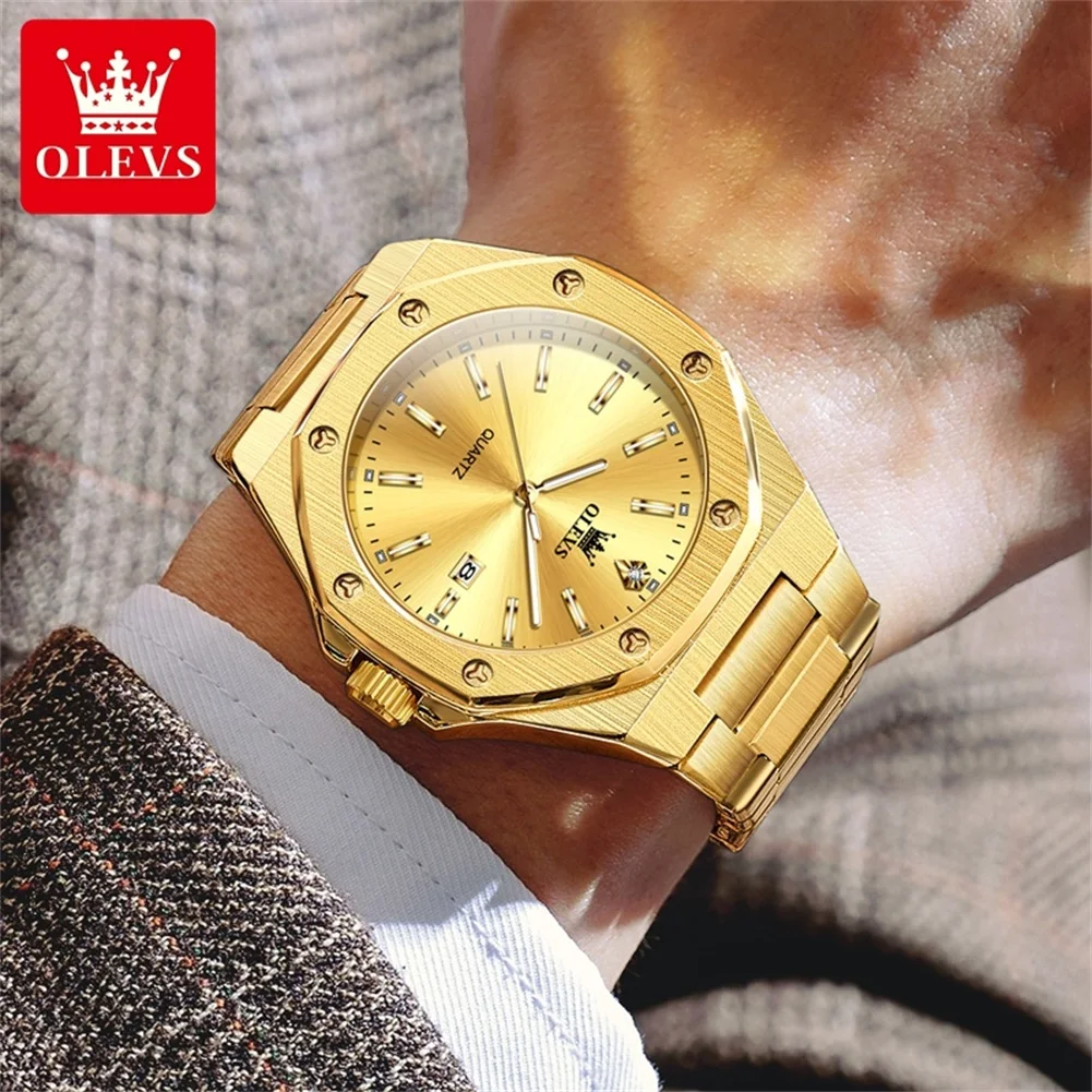 OLEVS Luxury Octagonal Golden Stainless Steel Quartz Watches for Men High Quality Auto Date Luminous Waterproof Man Wristwatch