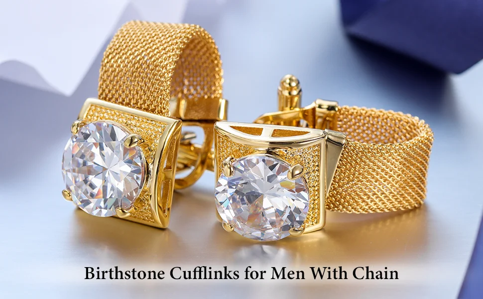 Men Birthstone Cufflinks Gold Mesh Chain Oval Crystal Zircon Cuff Links for French Shirt Birthday Gift for Men HAWSON