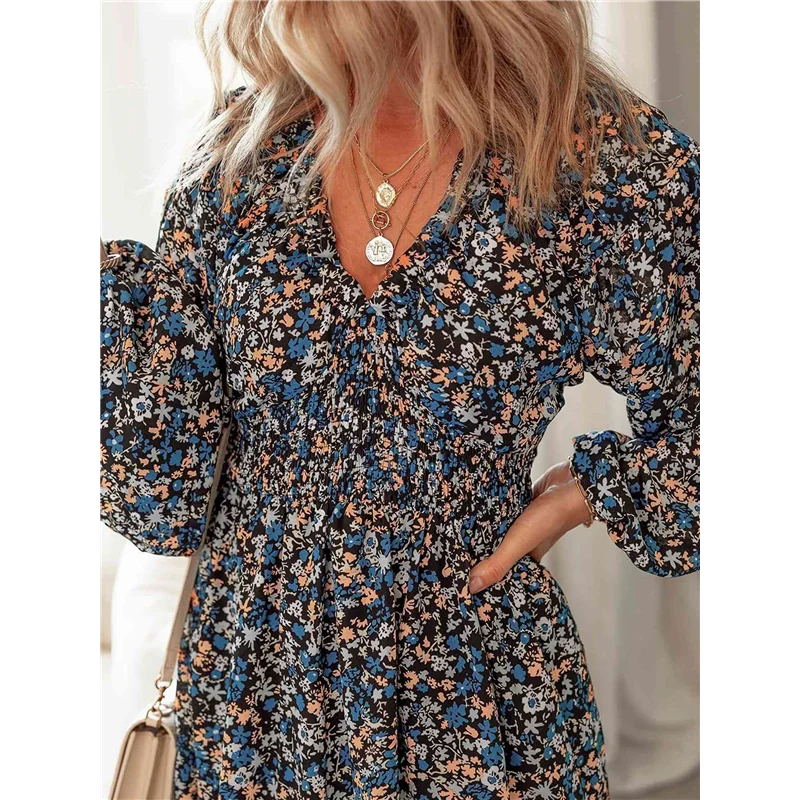 FX-Fall Dresses For Women Boho Floral V Neck Long Sleeve Smocked Elastic Waist Casual A-Line Mini Dress Sundress