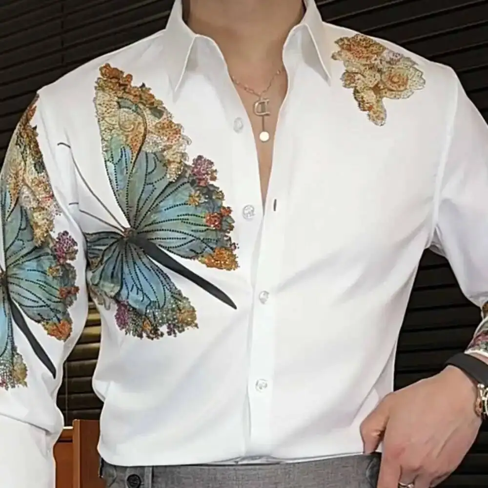 

Trend Fashion Butterfly Print Shirt Camisas De Hombre Shirts Men Dress 2025 New High Quality Luxury Rhinestones Shirt For Men