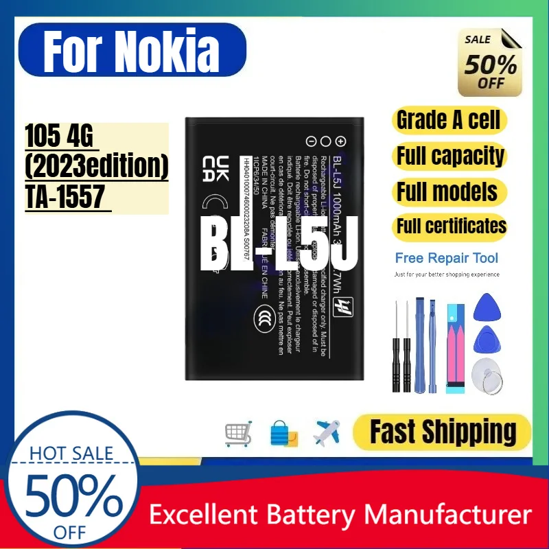 0 Cycle BL-L5J Battery for Nokia 105 4G 2023 TA-1557 Phone High Quality Replacement Battery Grade A Li-ion Bateria with Tools