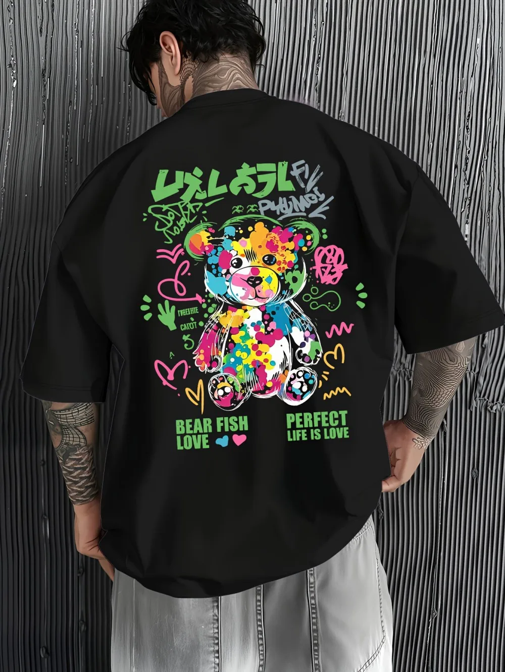 European and American men's summer letter teddy bear graffiti print micro elastic breathable round neck T-shirt outdoor casual t