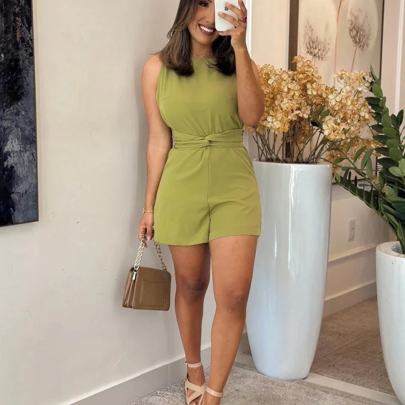 

New Fashion Women Summer Sleeveless Rompers Solid Color Lace Up Slim Waist Ladies Casual Romper Playsuit