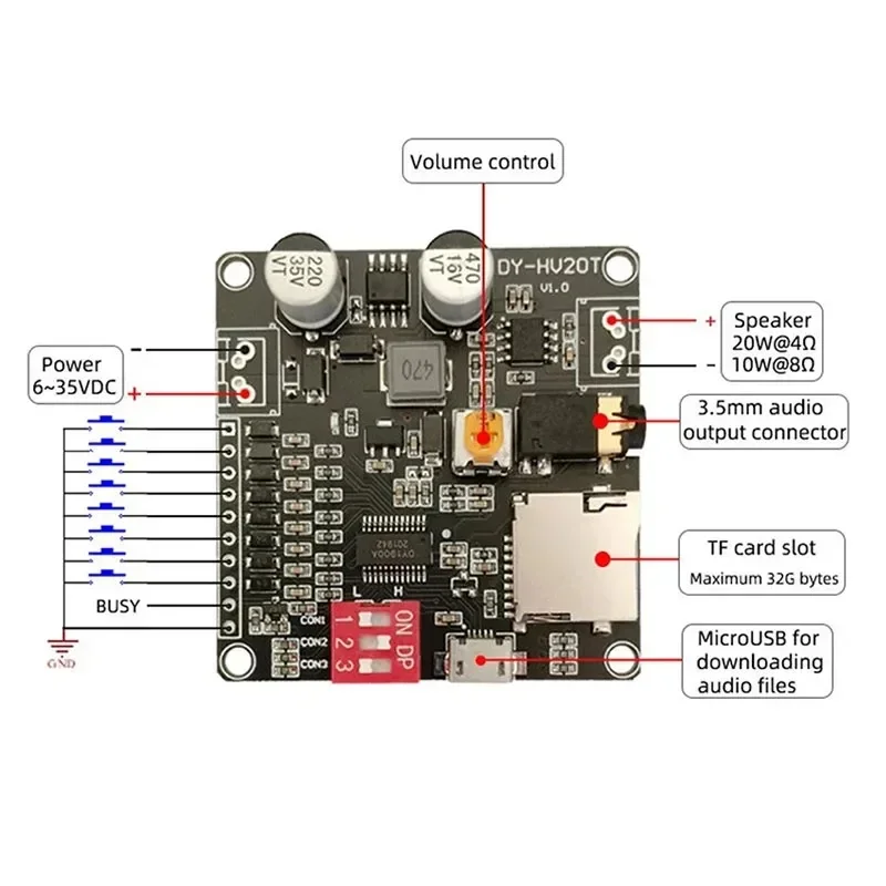DY-HV20T 12V/24V power supply10W/20W Voice playback module supporting Micro SD card MP3 music player for Arduino