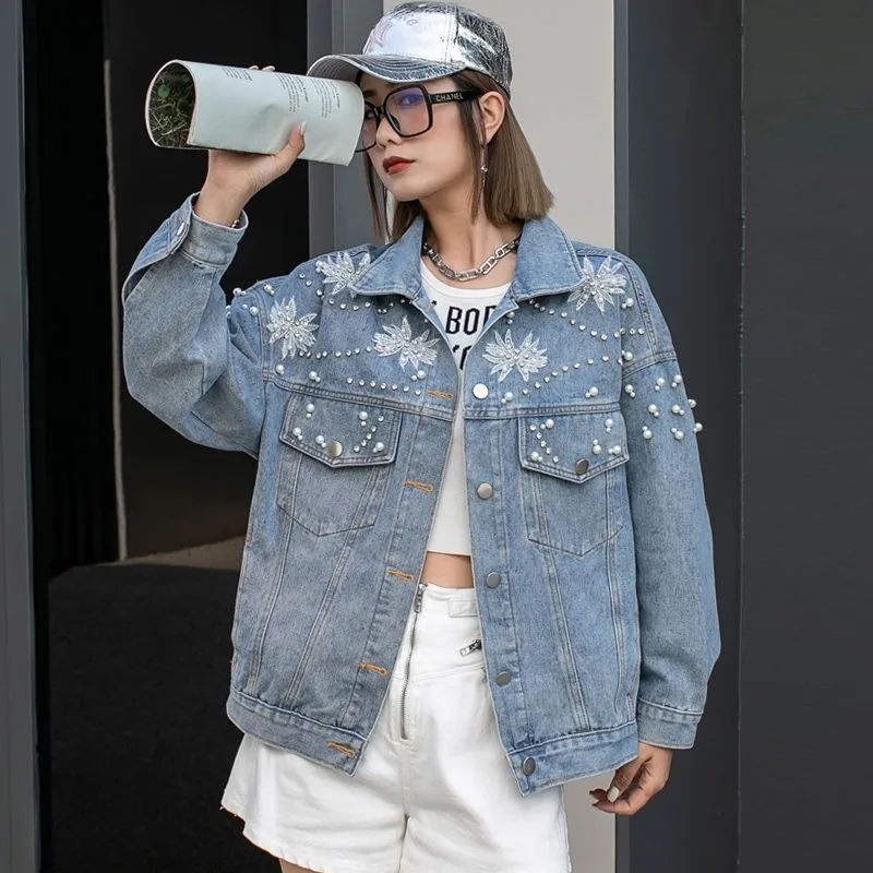 Women's Retro Distressed Heavywork Beaded Rhinestone Denim Jacket Spring/Autumn New Style Casual Loose Fit Versatile Jacket
