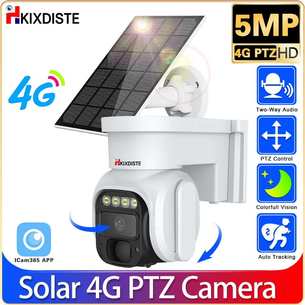 

4G SIM Card Solar Battery Powered PTZ Camera PIR Detect Night Vision 5MP Sim Card Wireless Security PTZ CCTV Outdoor ICam365 App