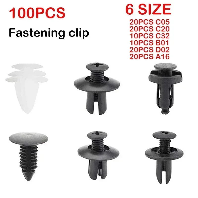 100PCS Car Fastener Clips Mixed Car Fasteners Door Trim Panel Auto Bumper Rivet C05 C20 C32 B01 D02 A16 Rivet Fasteners