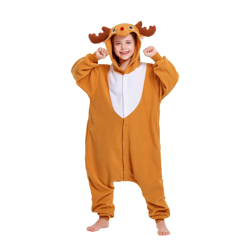 Kids Reindeer One Piece Pajamas Unisex Winter Soft Onesie Sleepwear Halloween Christmas Animal Cosplay Costume Funny Pyjamas