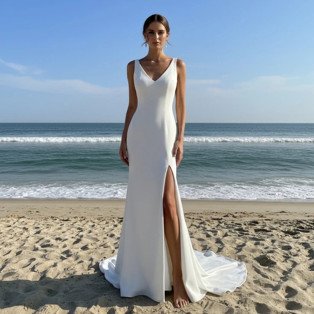 Rosymae clásico Simple con cuello en V sirena vestido de novia con abertura en la pierna elegante vestido de novia vestidos de novia corte sirena