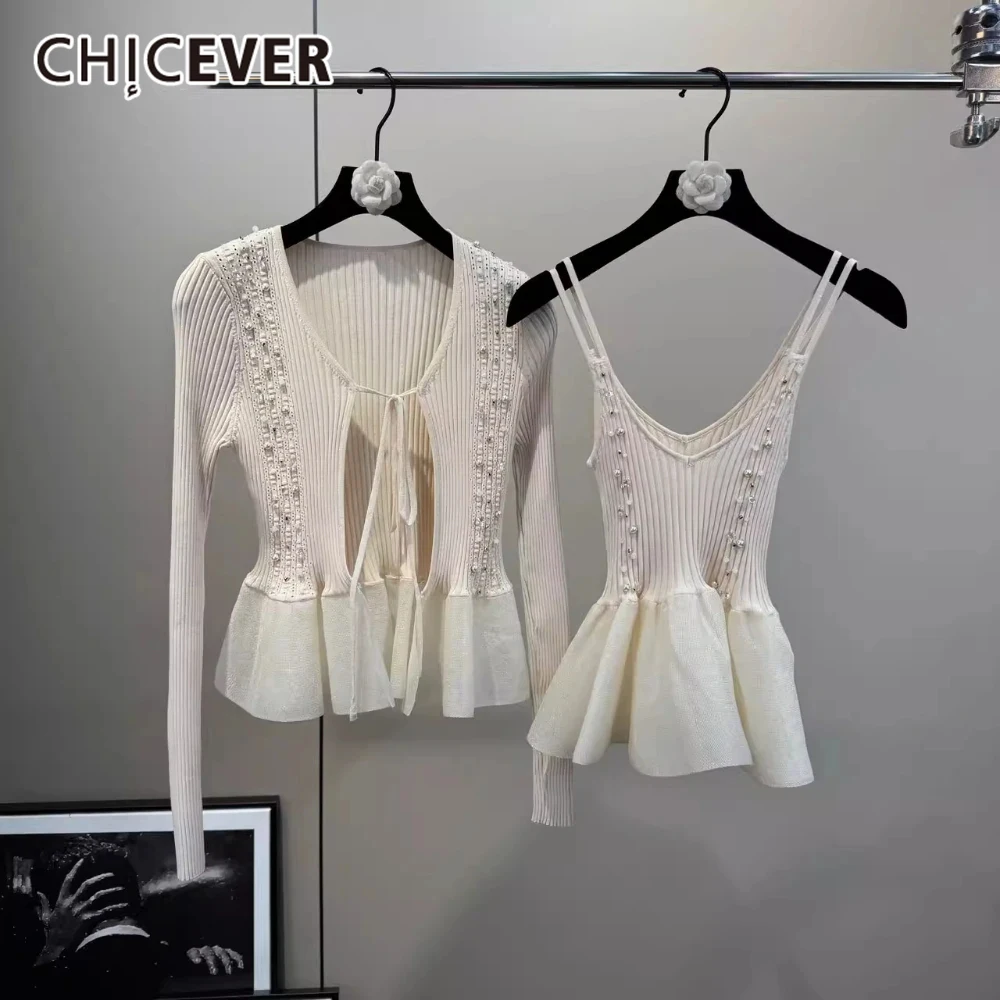 CHICEVER Spliced Beading two piece set for Women O Neck Long Sleeve Patchwork Ruffles Hem Coat with Short Vest Sweet Suit Female