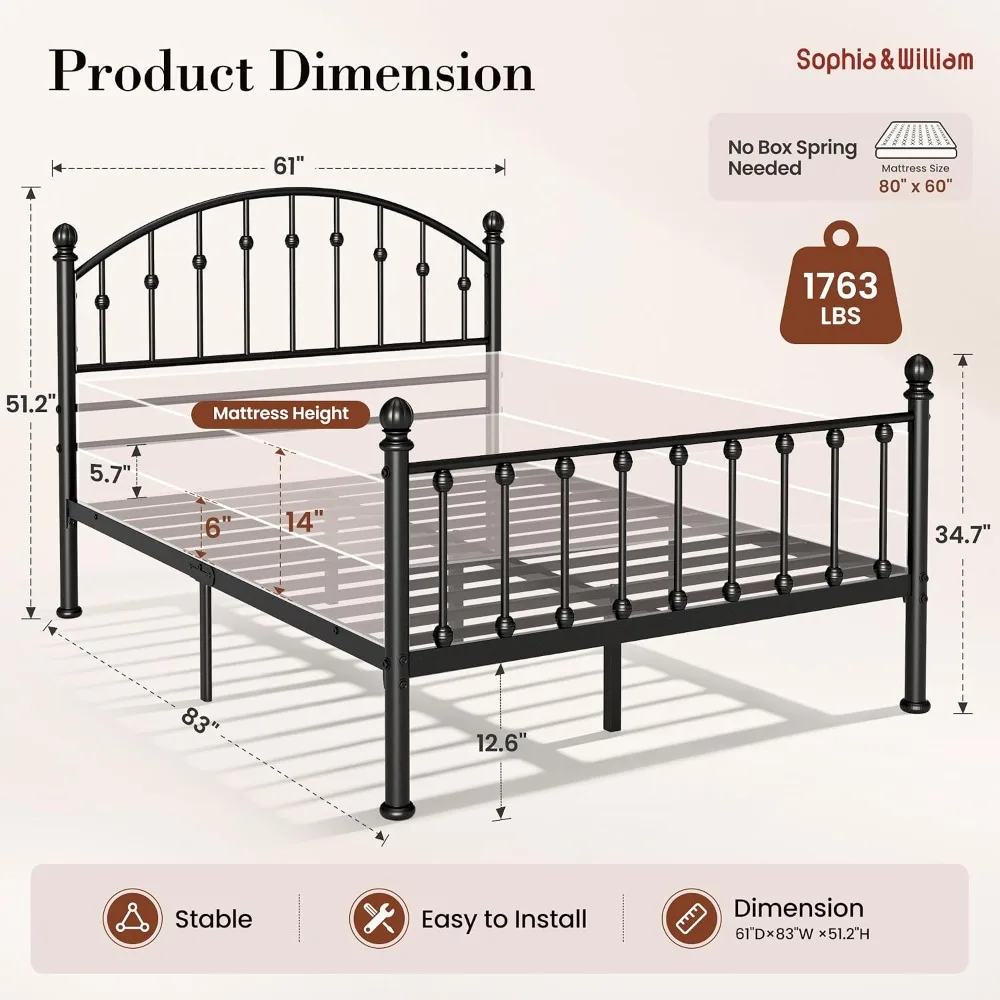 Twin Bed Frame with Tall Headboard, Metal Bedframe for Kids Teens Adults