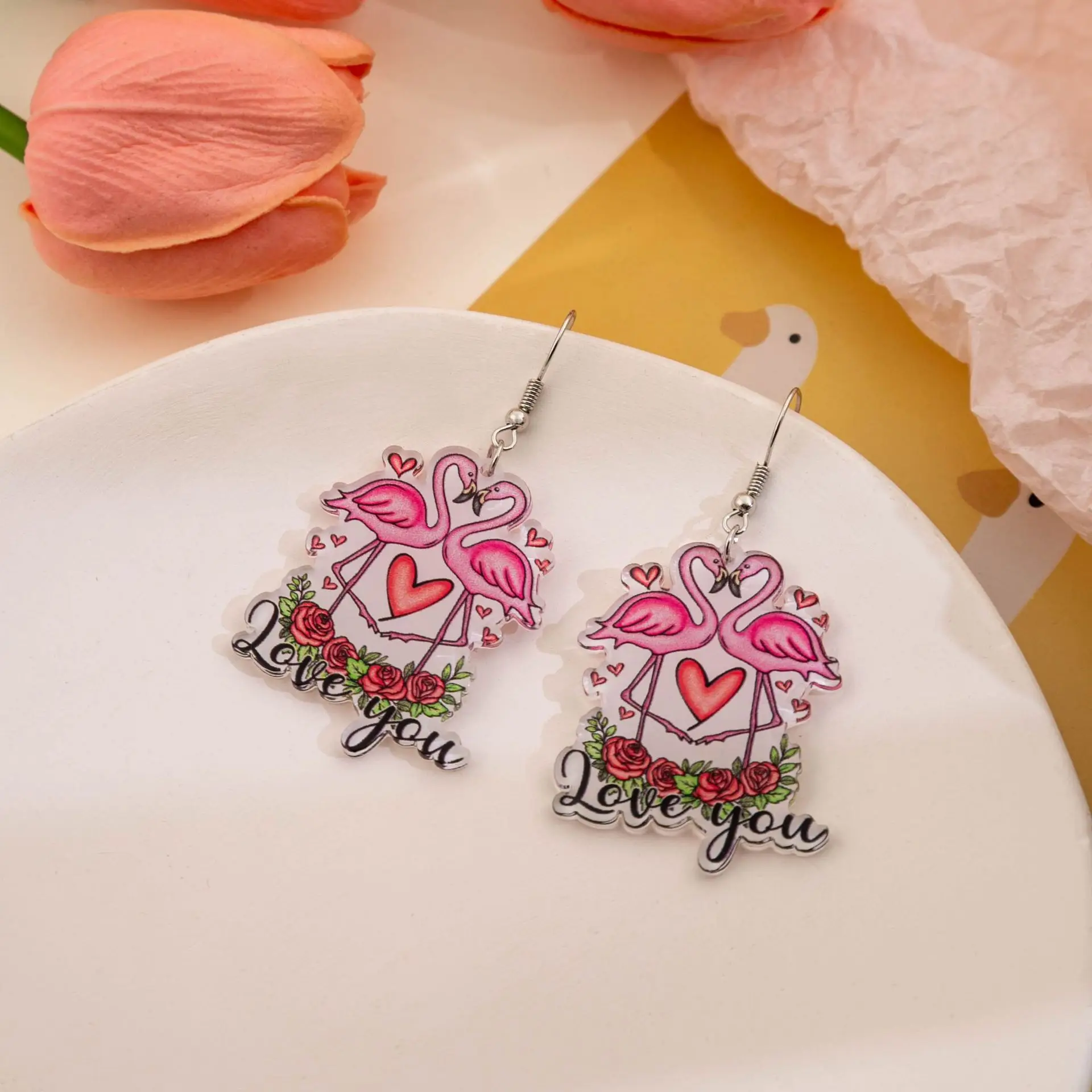 

Valentine's Day Sweet Pink Flamingo Love Dwarf Semi-round Waffle Pattern Drop Dangle Earrings for Women Girl