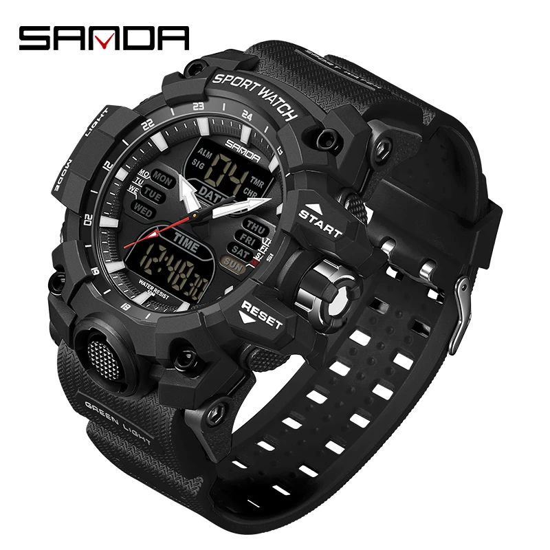 SANDA G Style Step Calorimeter Single Electronic Watch Nightlight Waterproof Sports Double Display LED Digital Quartz Men Watch