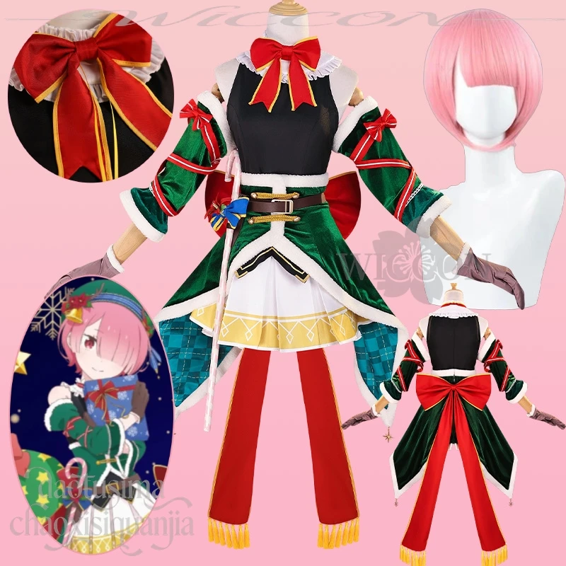

Ram Cosplay Re Anime Zero 2025 Christmas Event Party Costume Kawaii Sleeveless Mini Dress Red Bow Green Dress Sweet Lolita Wigs