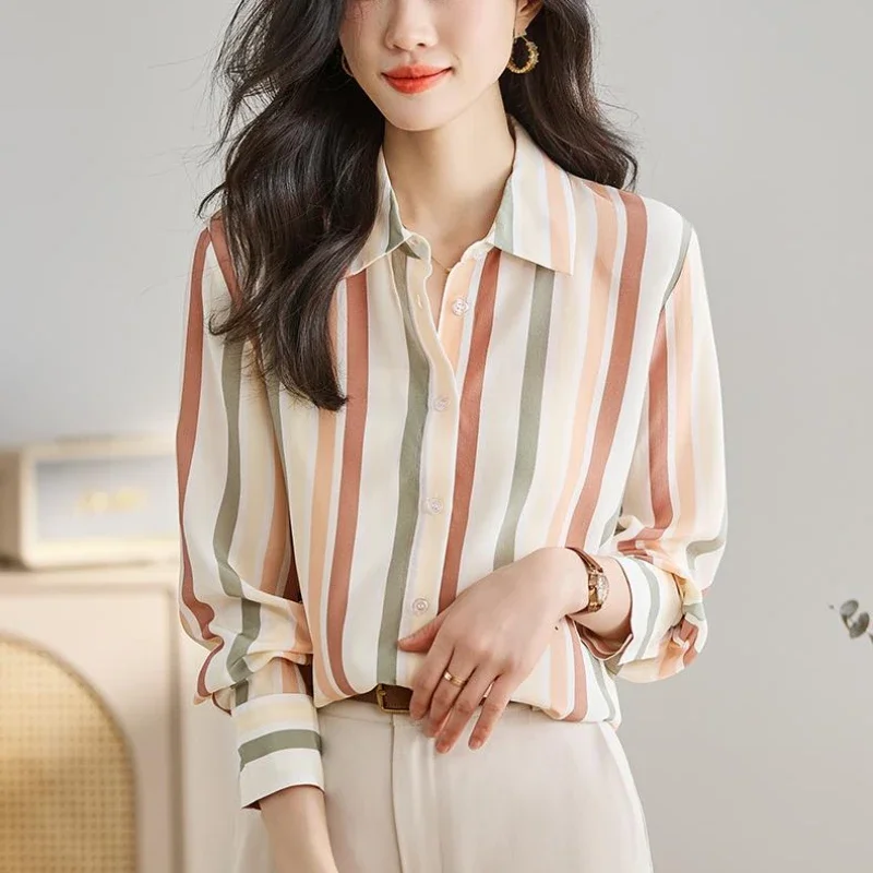 Stripe Blouse Women Long Sleeve Blouses 2024 Spring New OL Women Clothing Vintage Shirts Slim Elegant Korean Fashion Womens Tops