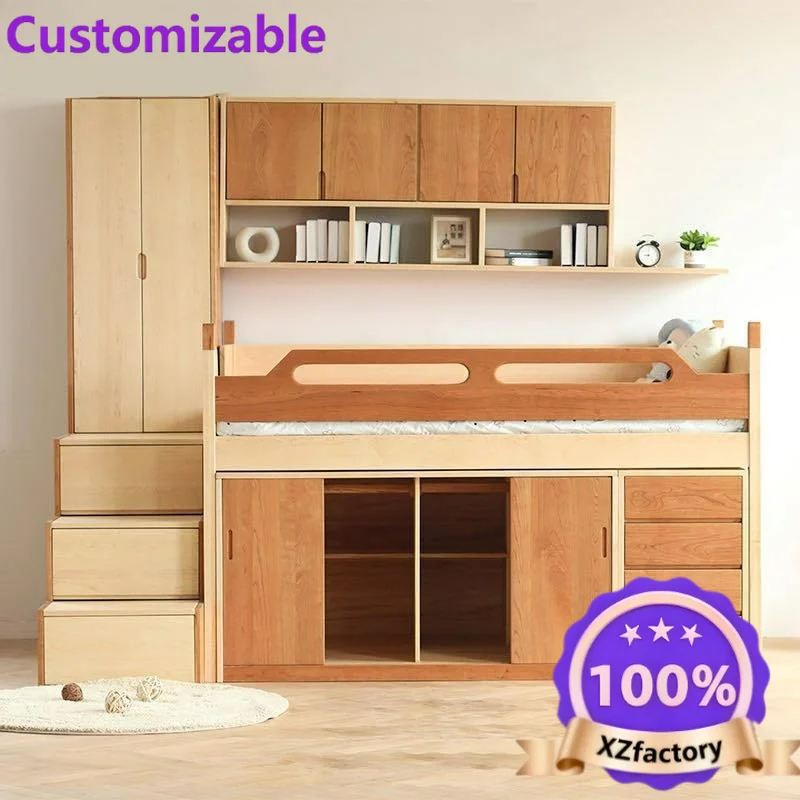 Customizable Nordic Simple Modern Wardrobe Locker Combination Bed Cherry Hard Maple Half High Storage Bed