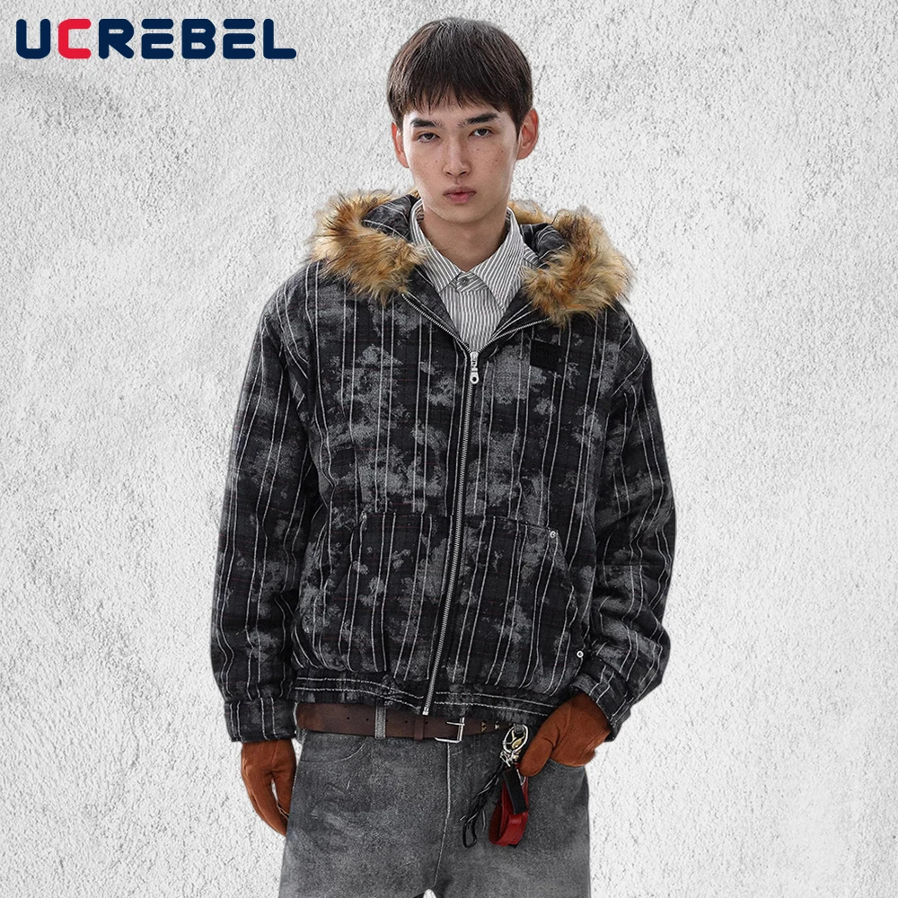 

Tie-dye Plaid Padded Jacket Mens Embroidery Winter Retro High Street Loose Thick Fur Collar Hooded Long Sleeve Outerwear Man