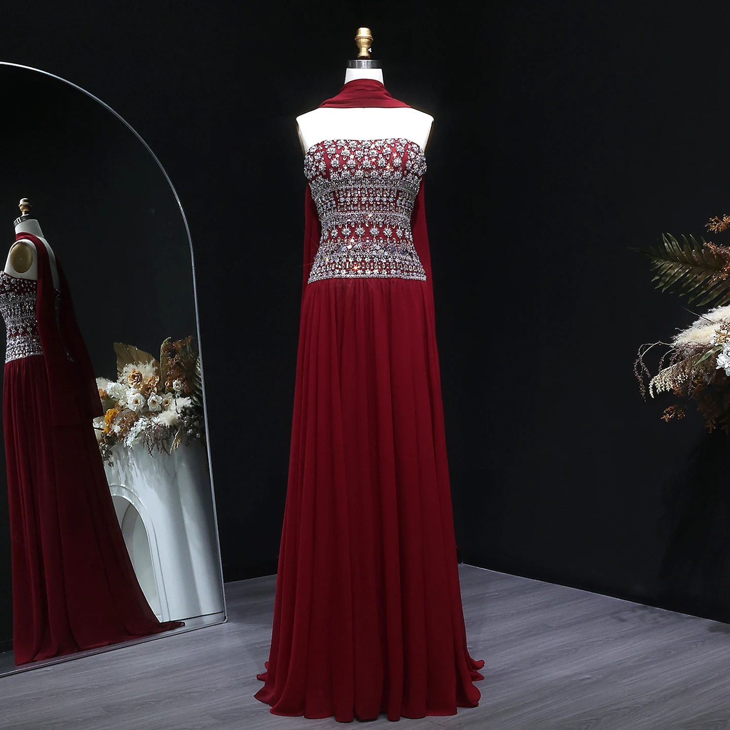 Sharon Said Funkelndes Fliederfarbenes Perlenbesetztes Plissiertes Chiffon-Abendkleid mit Fließendem Schal Dubai Saudi Hochzeitsfeier SS539 Maßanfertigung – Detail 33