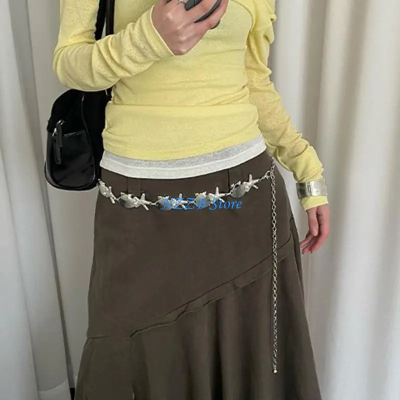 T21F Unique Metal Shell Pearls Sea Star Waist Chain Body Jewelry for Women Lady Girls Sea Inspired Accessories