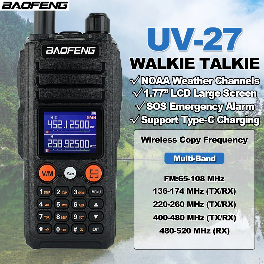 BAOFENG UV-27 New Walkie Talkie 10W High Power Tri-Band NOAA Support Type-C Charging Two Way Radios UV27 FM Portable Intercome