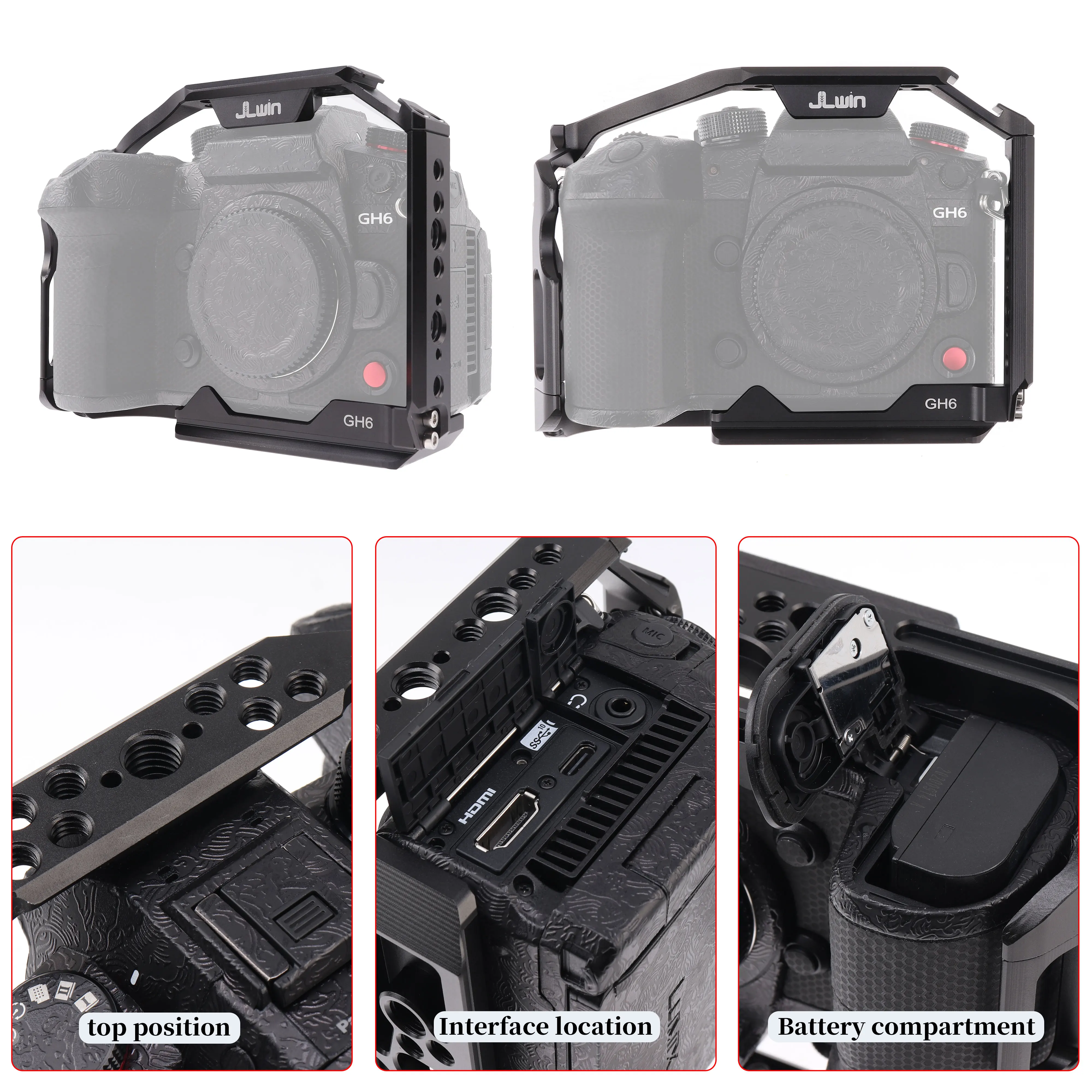 Gabbia per fotocamera Vlog GH6 in lega di alluminio per Panasonic LUMIX GH6 con fori filettati da 3/8 pollici 1/4 pollici kit Lycra fori scarpe fredde
