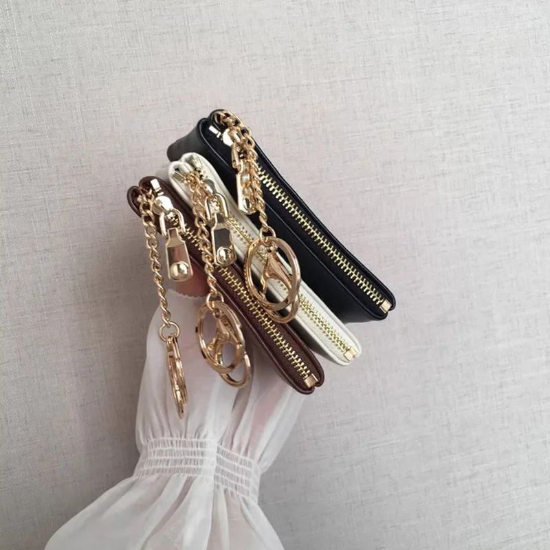 Fashion PU Leather Mini Coin Purse with Metal Chain Keyring, Multi - color Minimalist Women's Card & Cash Wallet