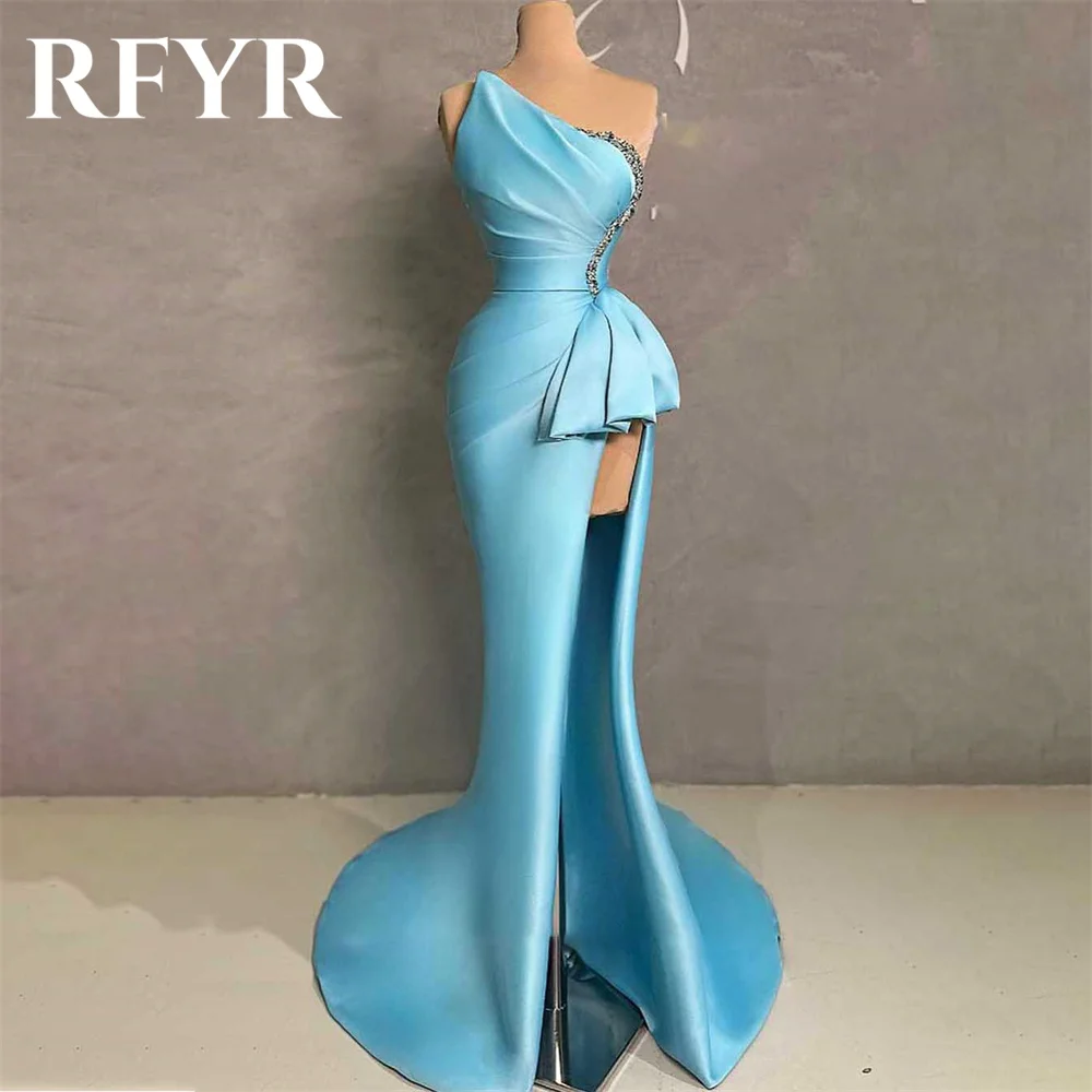 

RFYR Blue Mermaid Formal Dresses Stain Pleats Party Dress For Wedding One Shoulder Sleeveless Special Occasion Dress robe soirée