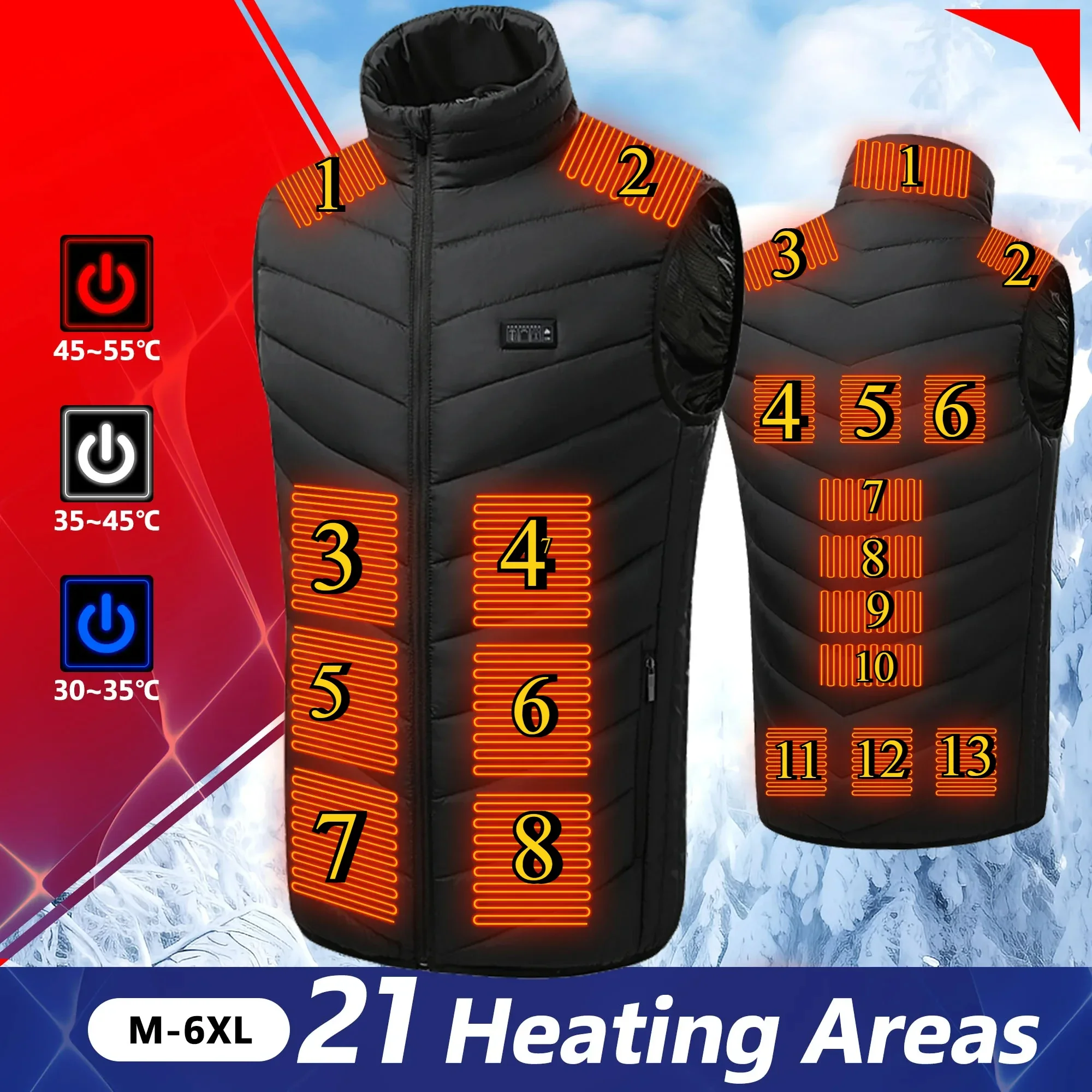 21 Areas Electric Heated Vest Jackets Men's Sportswear Usb Heating Coats Outdoor Ski Activities Lightweight Comfy Padded Vest