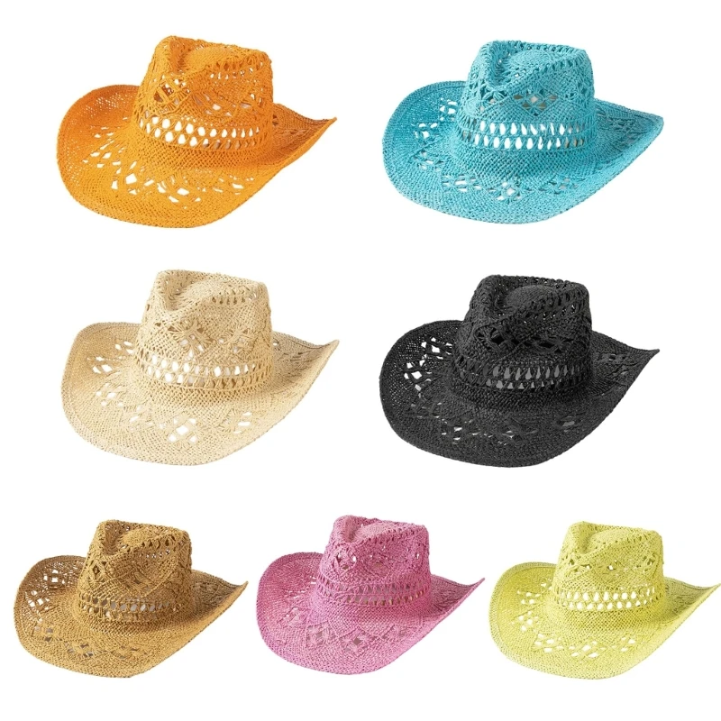 

Adult Cowboy Hats Straw Weaving Hat Eye Catching Hollow out Cowgirl Hat Model Show Camping Photography Cowboy Hats