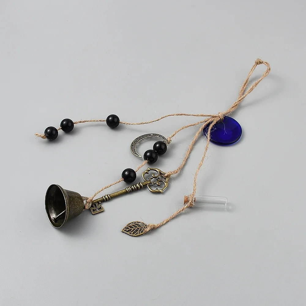 1Pc Wind Chime 315mm Bronze Iron Bell Key Moon Charms Unique Stylish Hanging Ornament with Hemp Cord for Indoor Home Garden