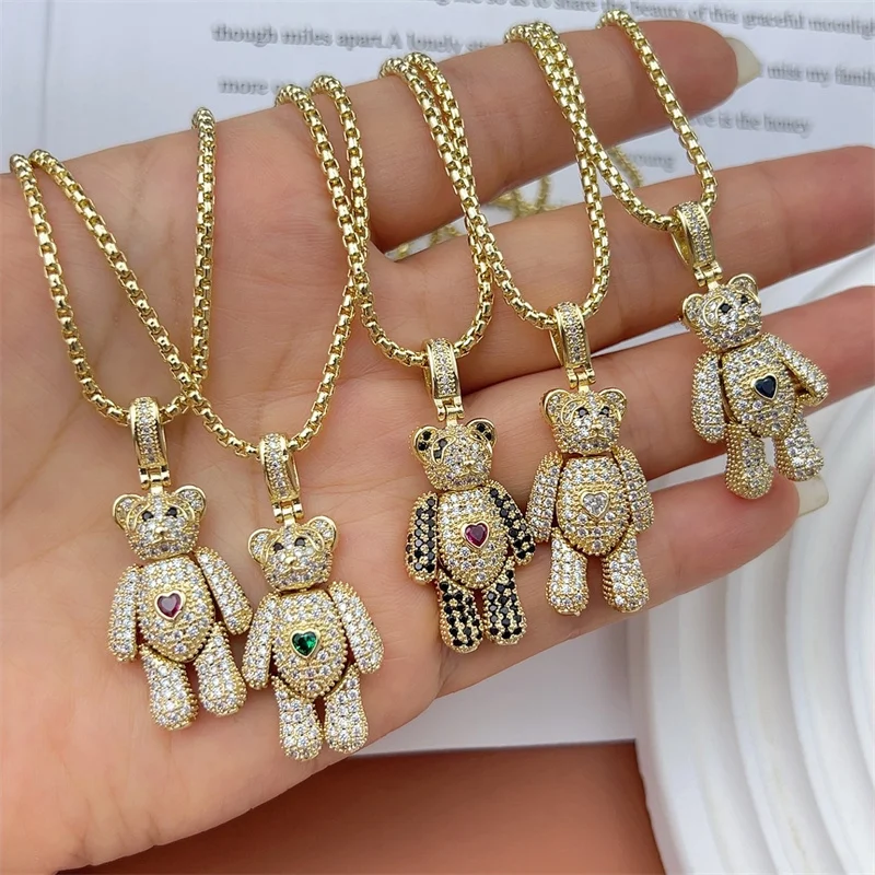 2023 New Hot Sale Cute CZ Teddy Chunky Big Crystal Bear Heart Charms For Women CZ Rhinestone Necklace Gold Plated Jewelry Gifts