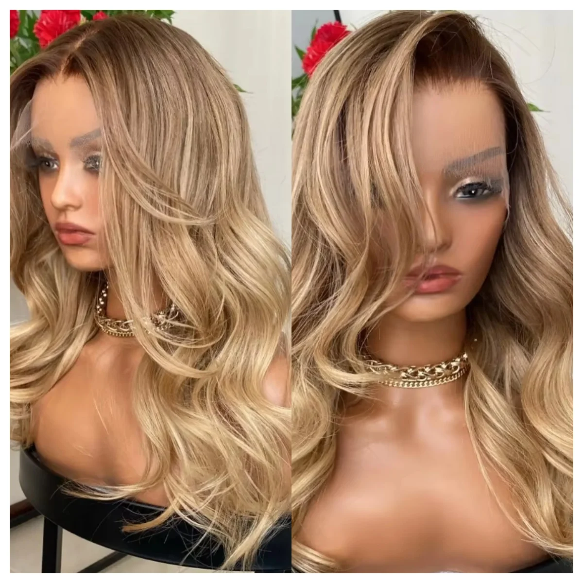 

Light Blonde Lace Front Wig Synthetic Center Part Layered Heat Resistant Wigs For Women Natural Loose Wave Blonde Dark Roots Wig