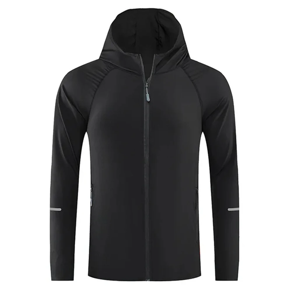 Men's Hooded Outdoor Sport Jacket with Full Zipper Long Sleeve Lightweight Polyester Construction for Running Wear