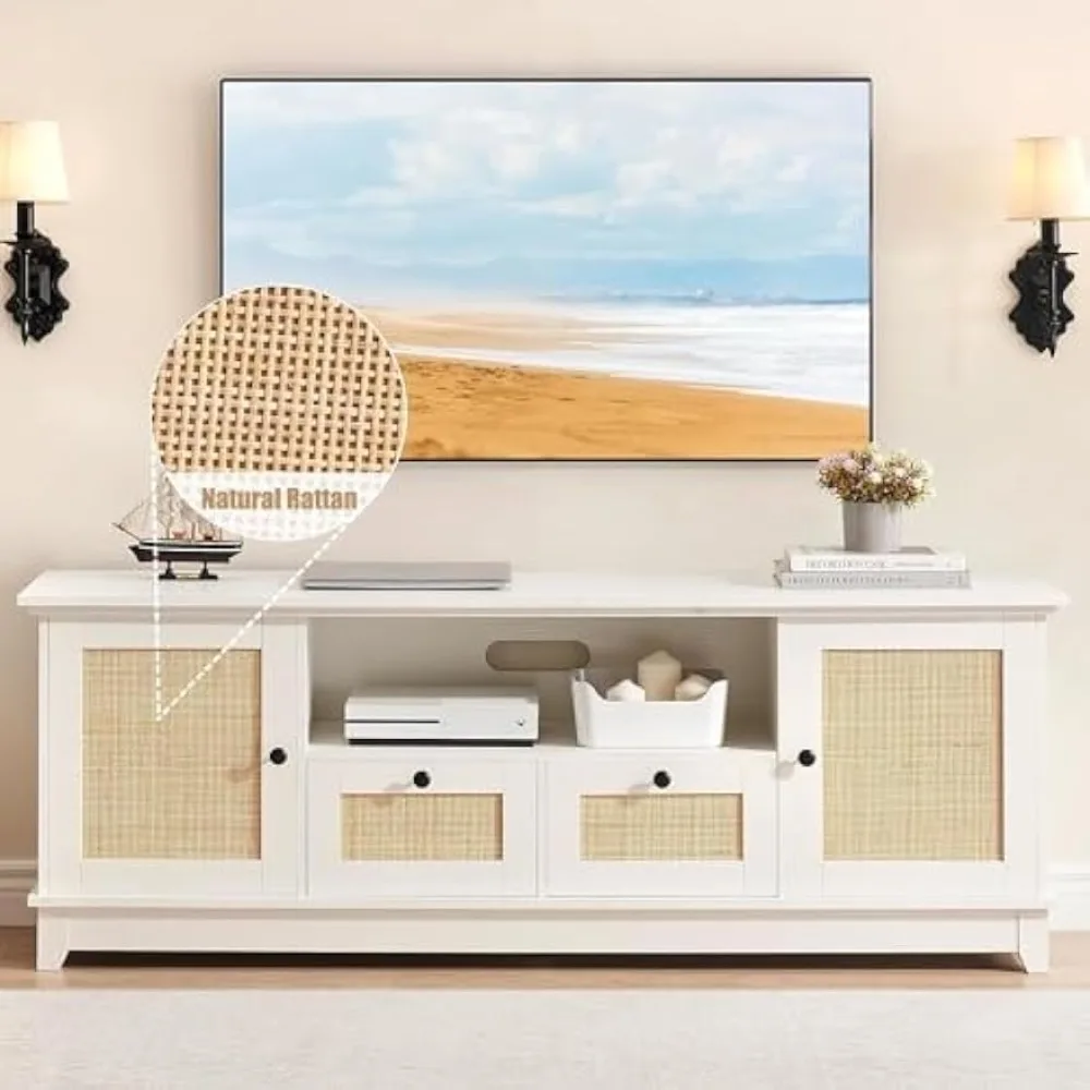 70 inch rattan TV cabinet, modern entertainment center, Bohemian TV console with 2 cabinets and drawers in white