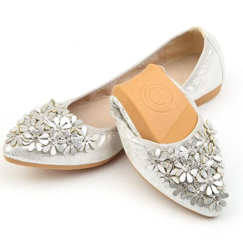 YAERNI  Hot Crystal Flats Ballet Floral Flat Shoes Rhinestone Women Spring Autumn Flower Pointed Toe Golden Shoes Loafers C228