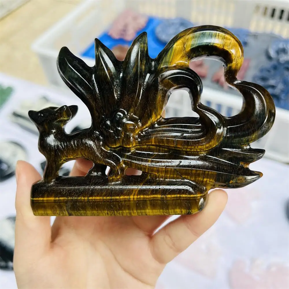 Natural Crystal Tiger Eye Stone Nine-Tailed Fox Carving Polished Healing Feng Shui Animal Figurine Home Ornament Craft Gift