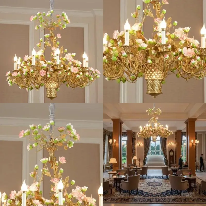 Handmade romantic French court style floral chandelier brass ceramic floral wedding lamp luxury banquet hall
