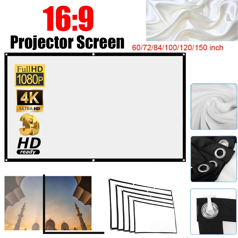 16:9 Simple Projector Curtain 60/72/84/100/120/150 inch Portable Projector Screen HD Display Screen Part for Home Outdoor Office