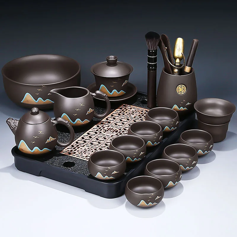 Antique-Style Purple Clay Kung Fu Tea Set for Home and Office, Luxury Ceramic Teapot, Gaiwan, Teacups, Complete Tea Set