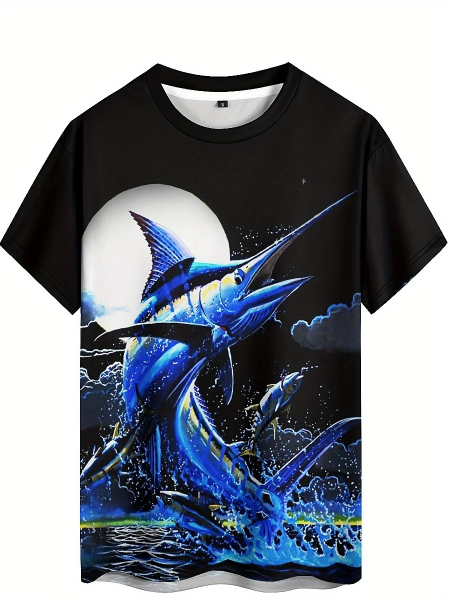 Men'S 3D Print Short Sleeve T-Shirt - Vibrant Blue Marlin Art, Loose Fit, Breathable & Comfortable Fabric