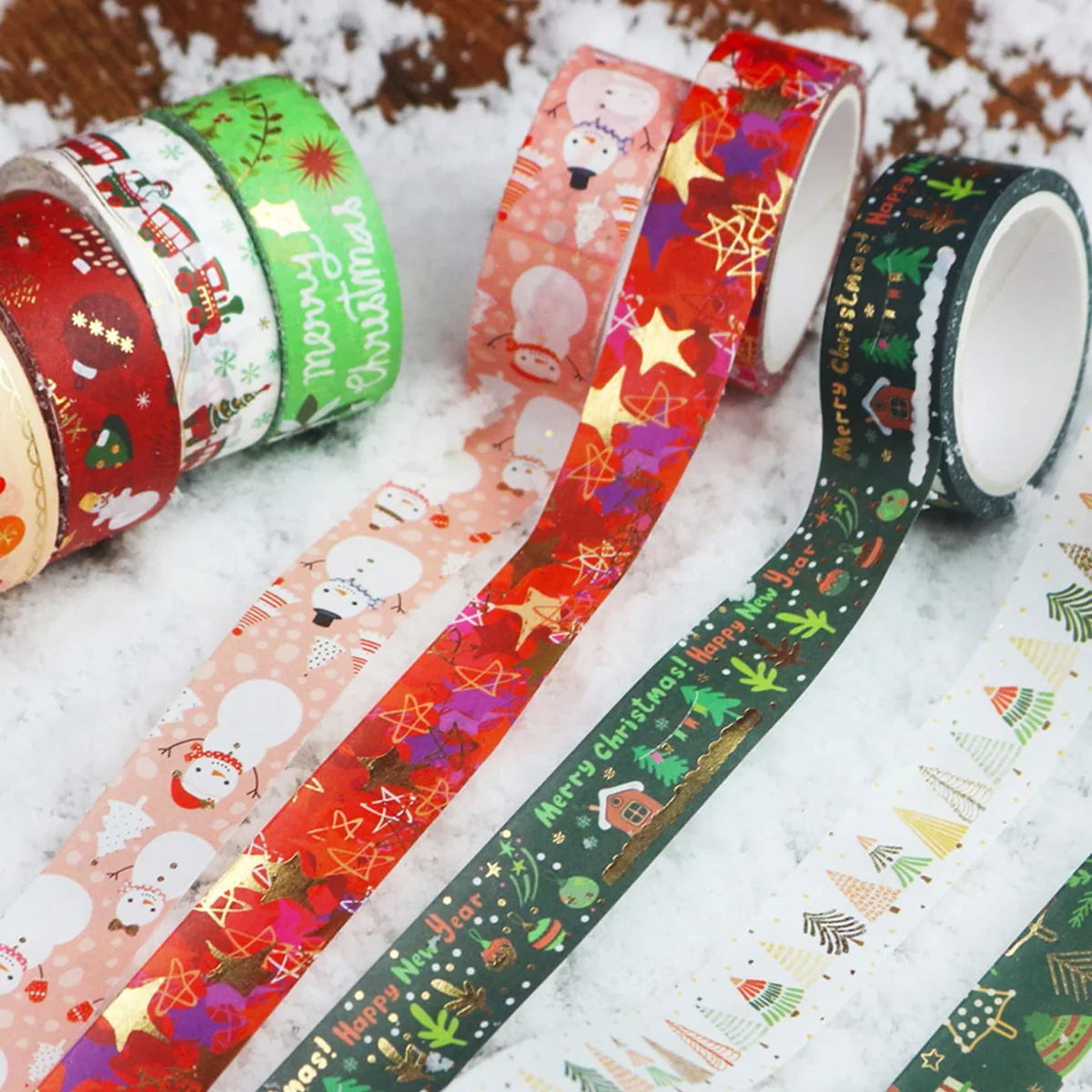 10ロール、クリスマス柄のブロンズ和紙テープ、ホリデーパーティーのDIY、フォトフレームやギフトボックスの装飾ギフトに最適