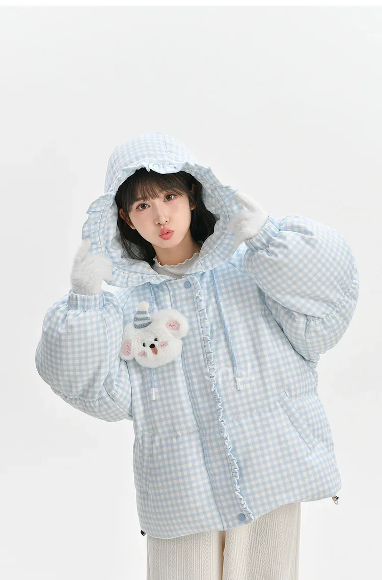 Mori Girl Style Lolita Sweet Women Parkas Quilted Coats Thicken Winter Puffer Jacket Sky Blue Plaid Cute Dog Ruffled Edge Hooded