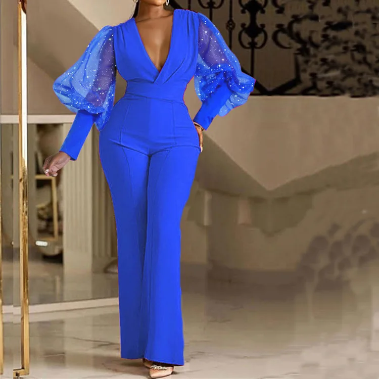 Women Jumpsuits Puff Sleeve Mesh Splice One Piece Deep V Neck Sexy Bootcut Pants Y2k Streetwear Jumpsuit Work Tight Waist 2026
